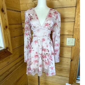 Floral A-Line Mini Dress XL Pink Empire Waist Bell Sleeve Stevie Nicks Boho Sati